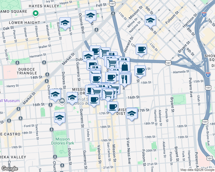 map of restaurants, bars, coffee shops, grocery stores, and more near  in San Francisco