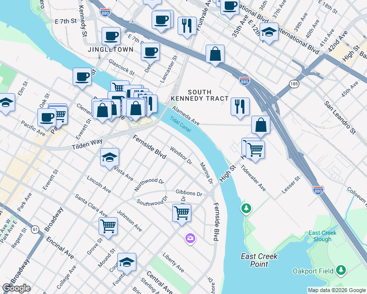 map of restaurants, bars, coffee shops, grocery stores, and more near 2932 Marina Drive in Alameda