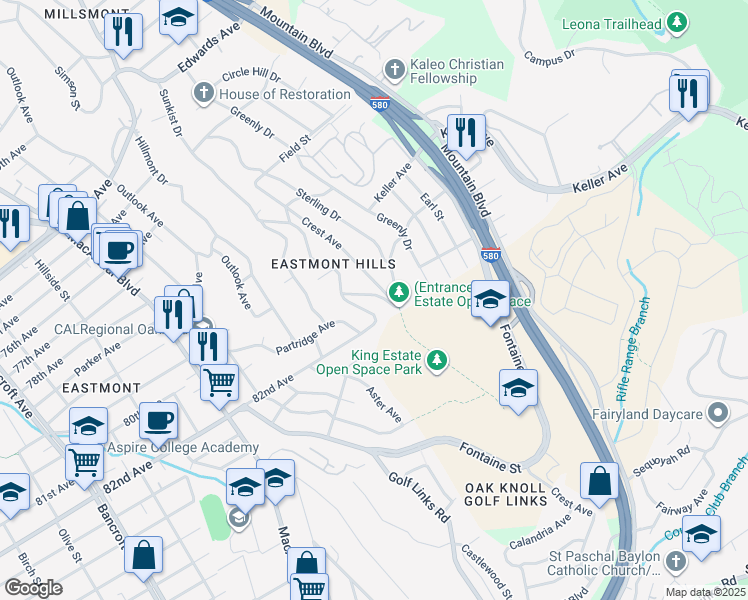 map of restaurants, bars, coffee shops, grocery stores, and more near 8055 McCormick Avenue in Oakland