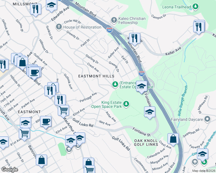 map of restaurants, bars, coffee shops, grocery stores, and more near 8055 McCormick Avenue in Oakland