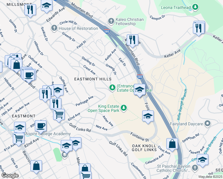 map of restaurants, bars, coffee shops, grocery stores, and more near 8050 Crest Avenue in Oakland
