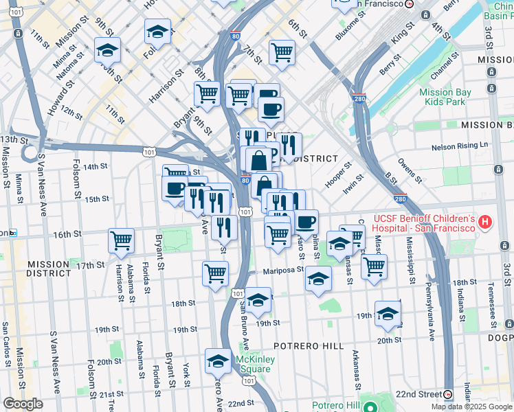 map of restaurants, bars, coffee shops, grocery stores, and more near 200 Kansas Street in San Francisco
