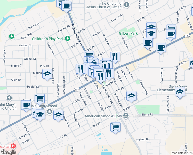 map of restaurants, bars, coffee shops, grocery stores, and more near 338 East F Street in Oakdale