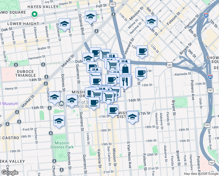map of restaurants, bars, coffee shops, grocery stores, and more near Mission St & 15th St in San Francisco