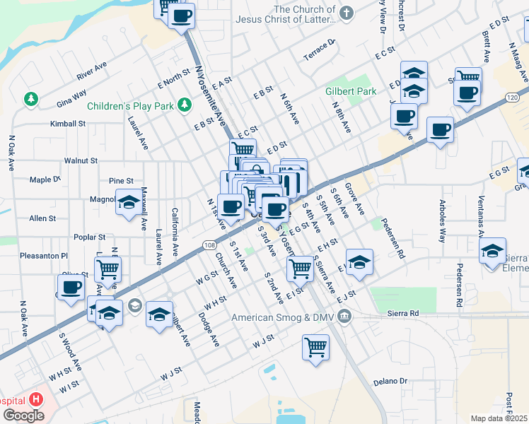 map of restaurants, bars, coffee shops, grocery stores, and more near 338 East F Street in Oakdale