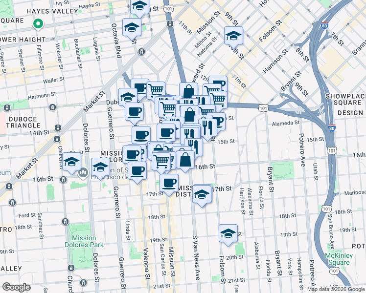map of restaurants, bars, coffee shops, grocery stores, and more near 1515 15th Street in San Francisco