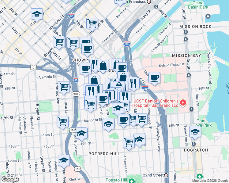 map of restaurants, bars, coffee shops, grocery stores, and more near 2 Wisconsin Street in San Francisco