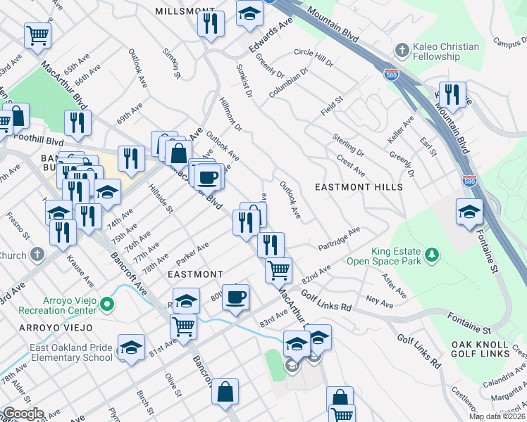 map of restaurants, bars, coffee shops, grocery stores, and more near 2932 Cumberland Way in Oakland