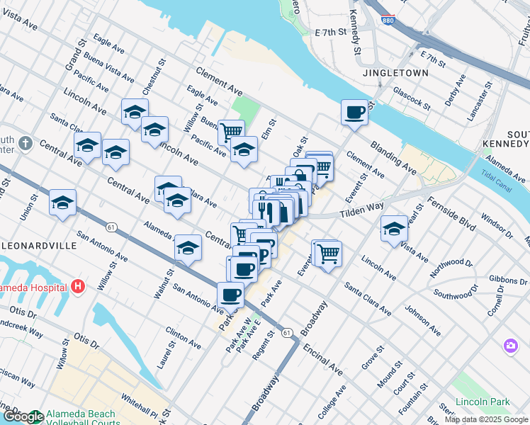 map of restaurants, bars, coffee shops, grocery stores, and more near 1550 Oak Street in Alameda