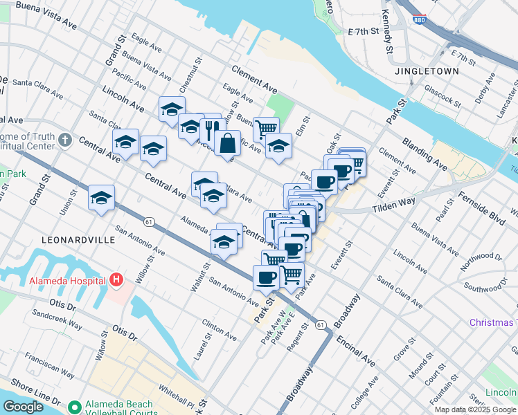 map of restaurants, bars, coffee shops, grocery stores, and more near 2229 Santa Clara Avenue in Alameda