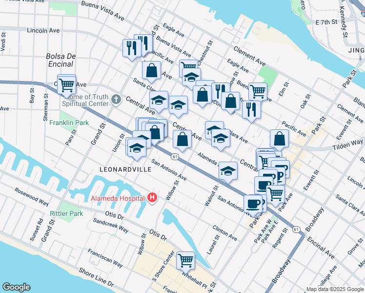 map of restaurants, bars, coffee shops, grocery stores, and more near 2041 Alameda Avenue in Alameda