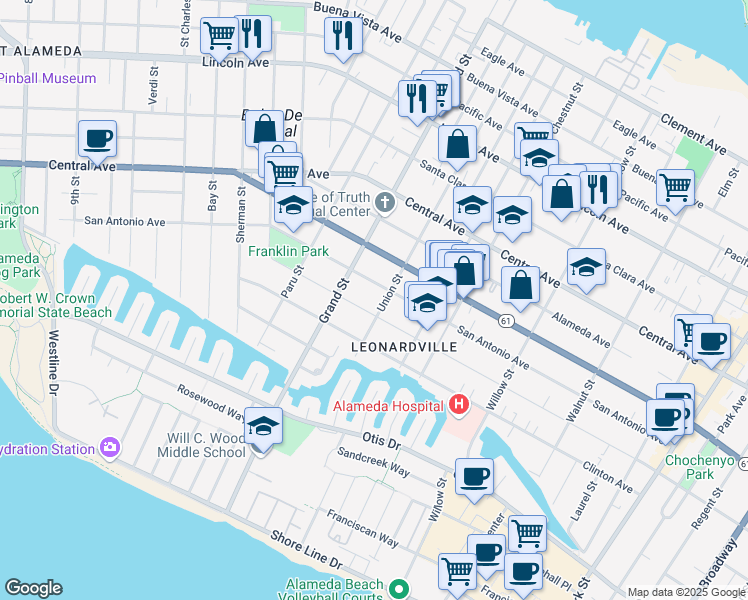 map of restaurants, bars, coffee shops, grocery stores, and more near 1734 San Antonio Avenue in Alameda