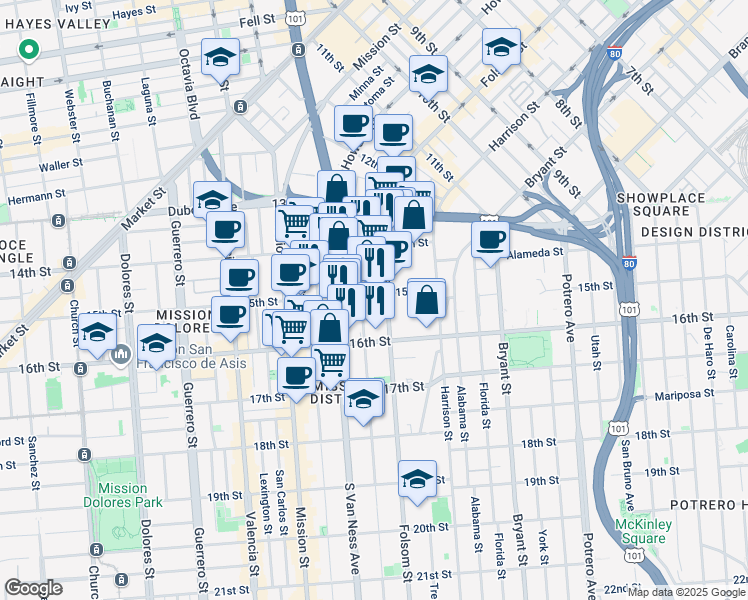 map of restaurants, bars, coffee shops, grocery stores, and more near 99 Shotwell Street in San Francisco
