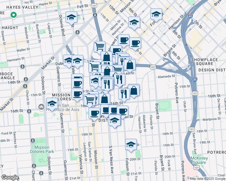 map of restaurants, bars, coffee shops, grocery stores, and more near 99 Shotwell Street in San Francisco
