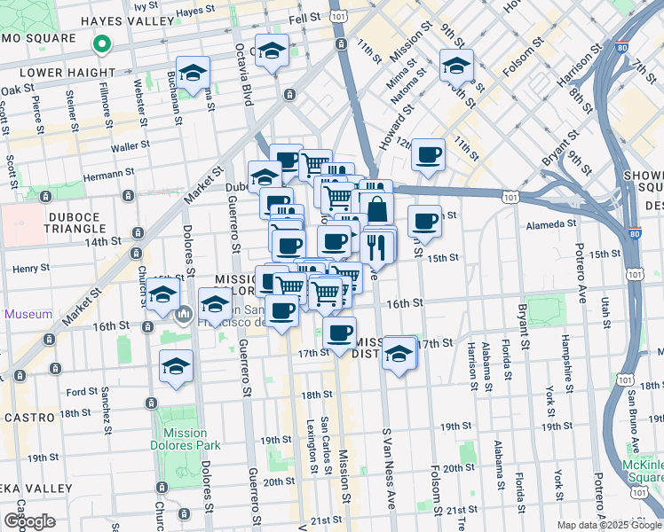 map of restaurants, bars, coffee shops, grocery stores, and more near in San Francisco