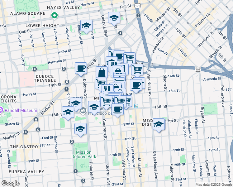 map of restaurants, bars, coffee shops, grocery stores, and more near 365 Valencia Street in San Francisco