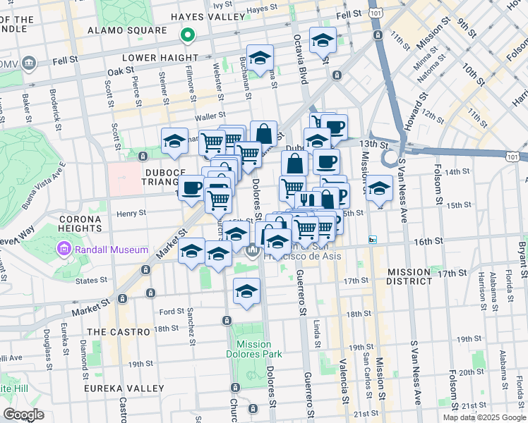 map of restaurants, bars, coffee shops, grocery stores, and more near 66 Ramona Avenue in San Francisco