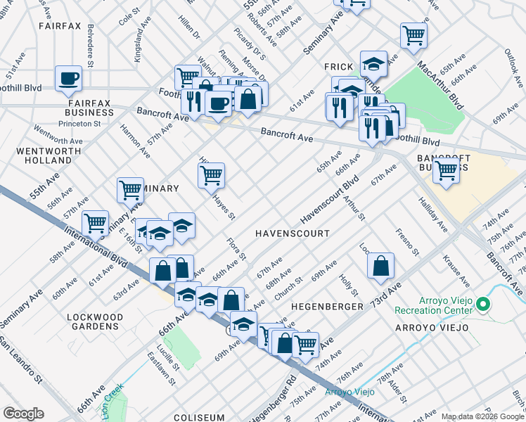 map of restaurants, bars, coffee shops, grocery stores, and more near 2317 65th Avenue in Oakland