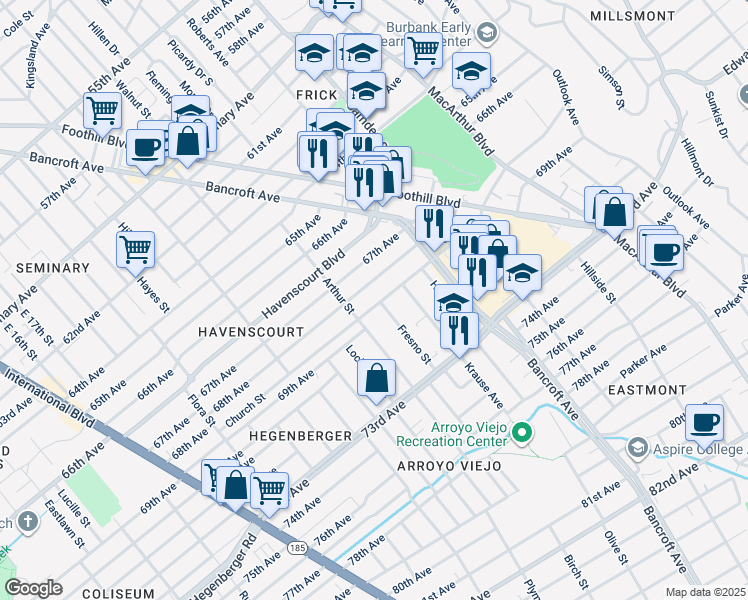 map of restaurants, bars, coffee shops, grocery stores, and more near 2237 Church Street in Oakland