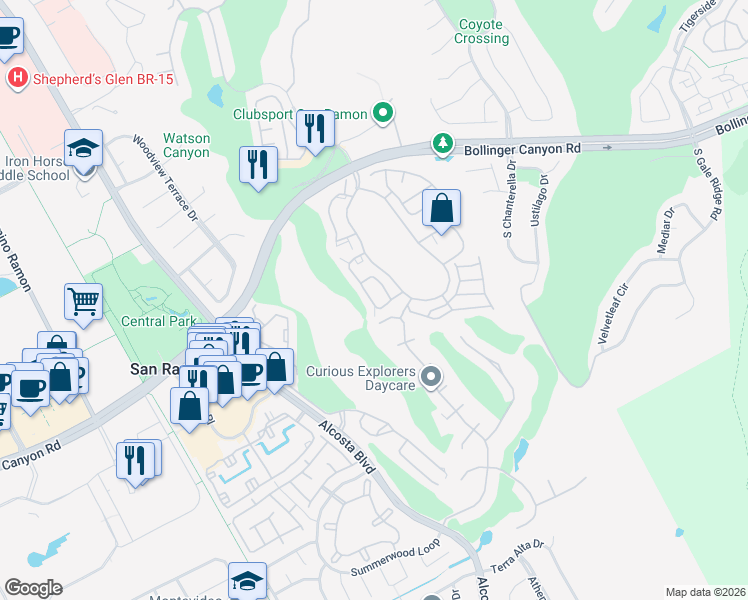 map of restaurants, bars, coffee shops, grocery stores, and more near 412 Pine Ridge Drive in San Ramon