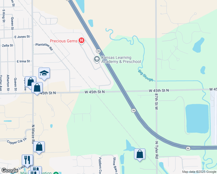 map of restaurants, bars, coffee shops, grocery stores, and more near 804 South Longbranch Drive in Maize