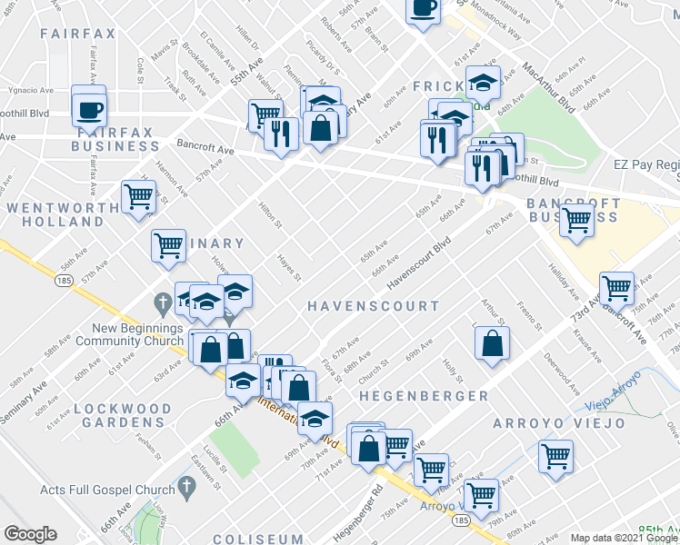 map of restaurants, bars, coffee shops, grocery stores, and more near 2317 65th Avenue in Oakland