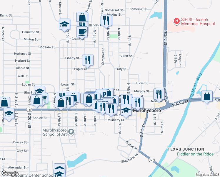 map of restaurants, bars, coffee shops, grocery stores, and more near 411 North 9th Street in Murphysboro