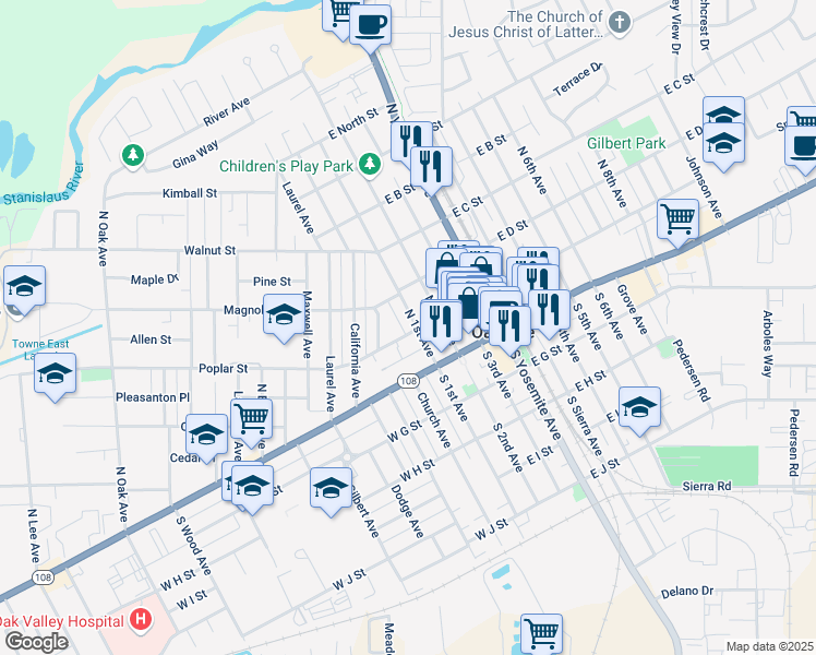 map of restaurants, bars, coffee shops, grocery stores, and more near 209 North 1st Avenue in Oakdale