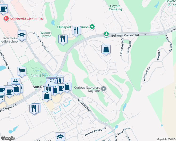map of restaurants, bars, coffee shops, grocery stores, and more near 358 South Overlook Drive in San Ramon