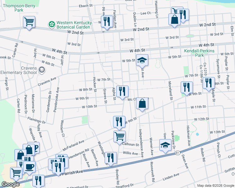 map of restaurants, bars, coffee shops, grocery stores, and more near 2017 West 9th Street in Owensboro