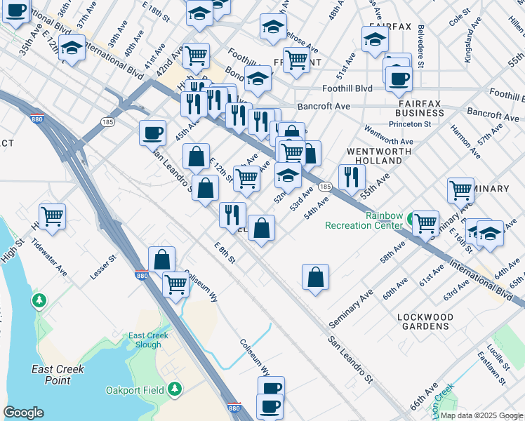 map of restaurants, bars, coffee shops, grocery stores, and more near 5164 East 12th Street in Oakland