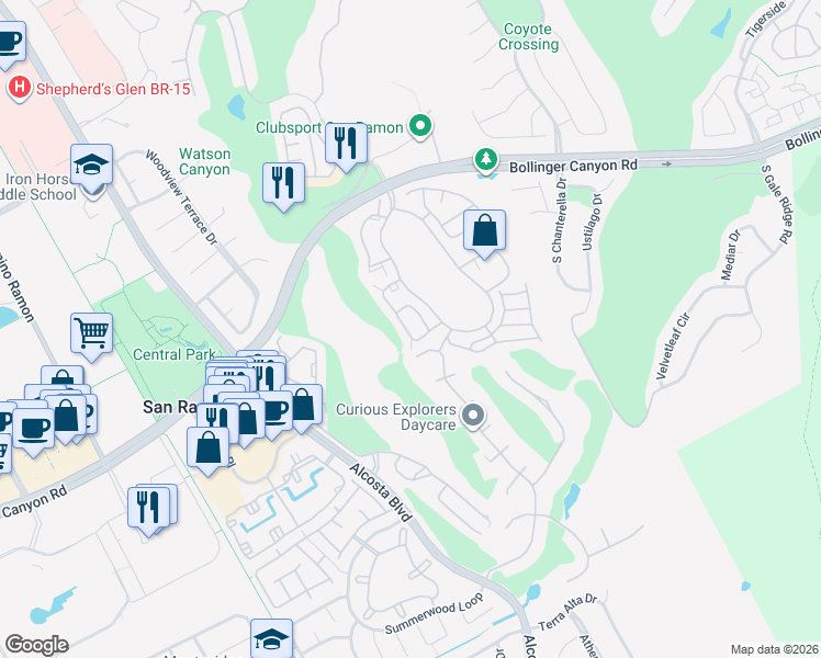 map of restaurants, bars, coffee shops, grocery stores, and more near 412 Pine Ridge Drive in San Ramon