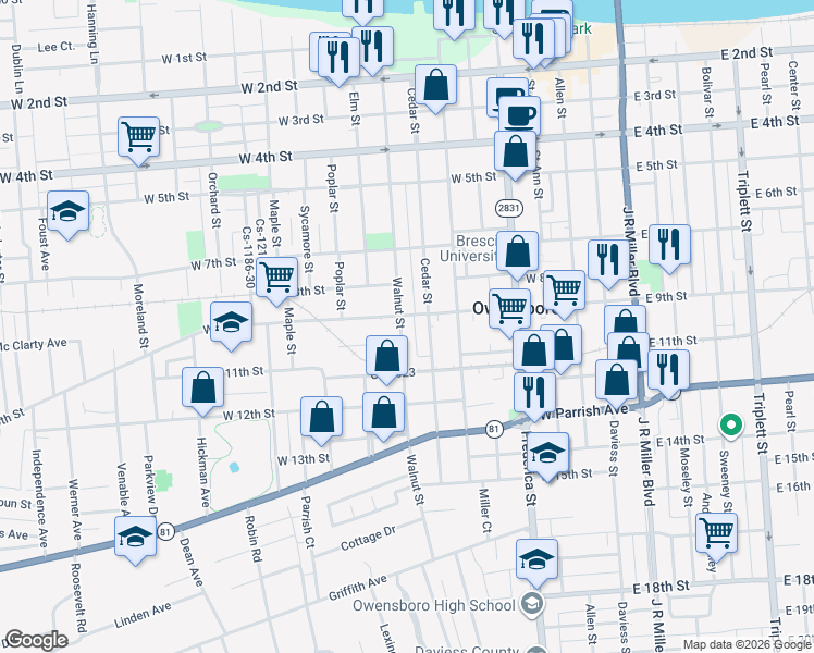 map of restaurants, bars, coffee shops, grocery stores, and more near 616 Cs-1022 in Owensboro