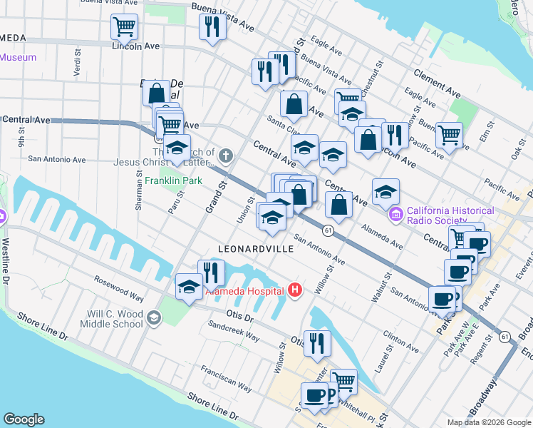 map of restaurants, bars, coffee shops, grocery stores, and more near 1825 San Antonio Avenue in Alameda