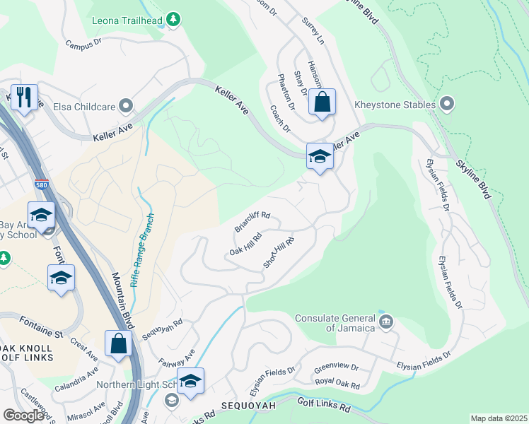 map of restaurants, bars, coffee shops, grocery stores, and more near 4433 Briarcliff Road in Oakland