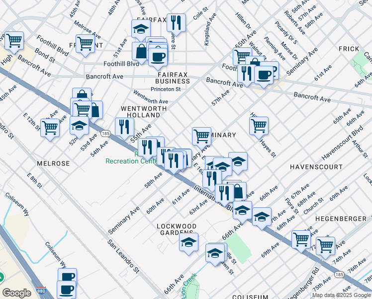 map of restaurants, bars, coffee shops, grocery stores, and more near 5726 East 16th Street in Oakland