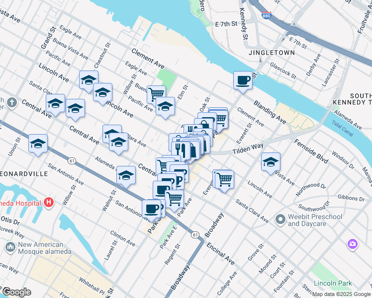 map of restaurants, bars, coffee shops, grocery stores, and more near 1550 Oak Street in Alameda
