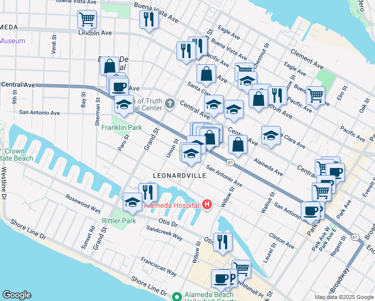 map of restaurants, bars, coffee shops, grocery stores, and more near 1821 San Antonio Avenue in Alameda