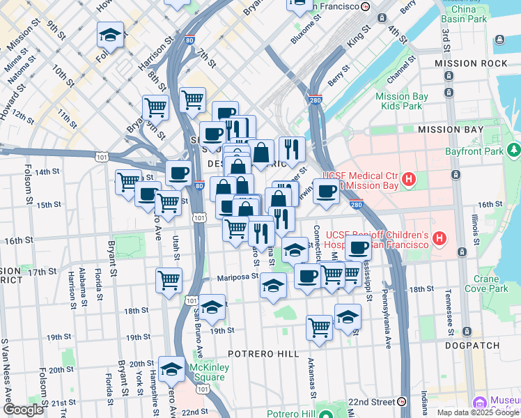 map of restaurants, bars, coffee shops, grocery stores, and more near 13 De Haro Street in San Francisco