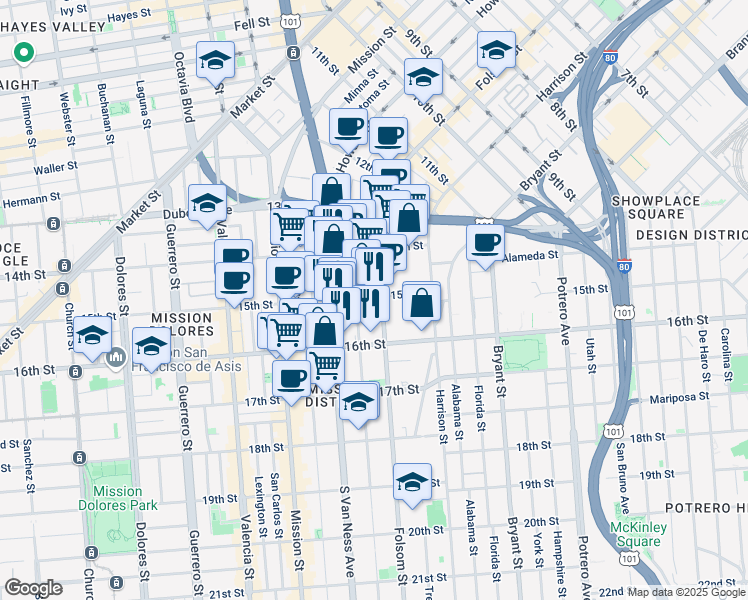 map of restaurants, bars, coffee shops, grocery stores, and more near 99 Shotwell Street in San Francisco