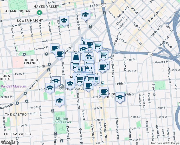map of restaurants, bars, coffee shops, grocery stores, and more near 365 Valencia Street in San Francisco