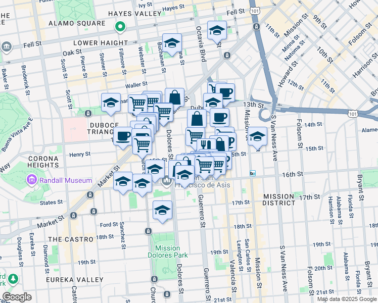 map of restaurants, bars, coffee shops, grocery stores, and more near 66 Ramona Avenue in San Francisco