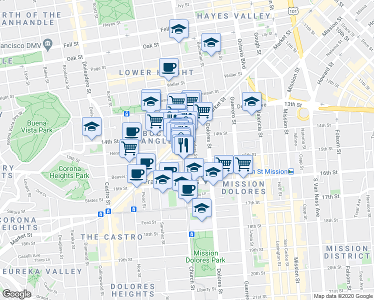 map of restaurants, bars, coffee shops, grocery stores, and more near 233 Church Street in San Francisco