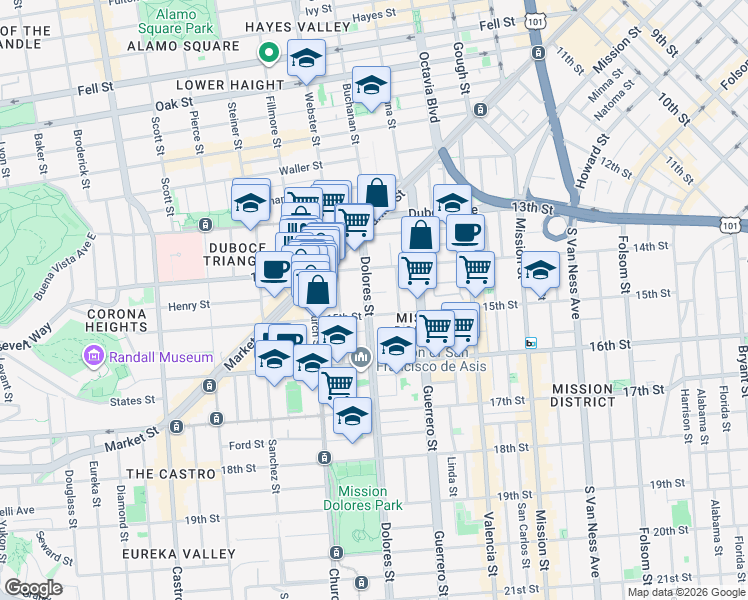 map of restaurants, bars, coffee shops, grocery stores, and more near 154 Dolores Street in San Francisco