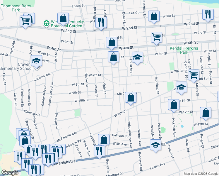 map of restaurants, bars, coffee shops, grocery stores, and more near 2017 West 9th Street in Owensboro