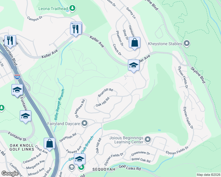 map of restaurants, bars, coffee shops, grocery stores, and more near 4433 Briarcliff Road in Oakland