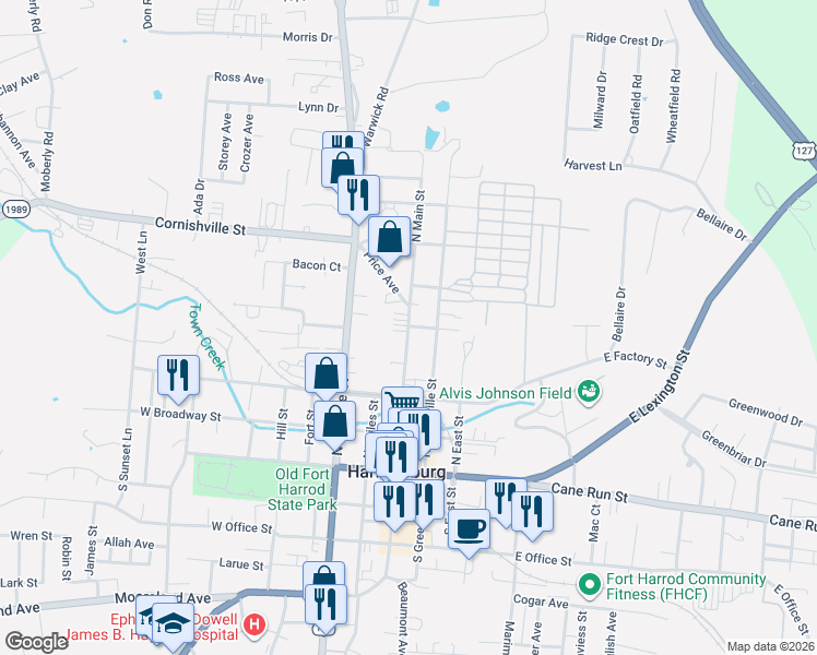 map of restaurants, bars, coffee shops, grocery stores, and more near 395 North Main Street in Harrodsburg