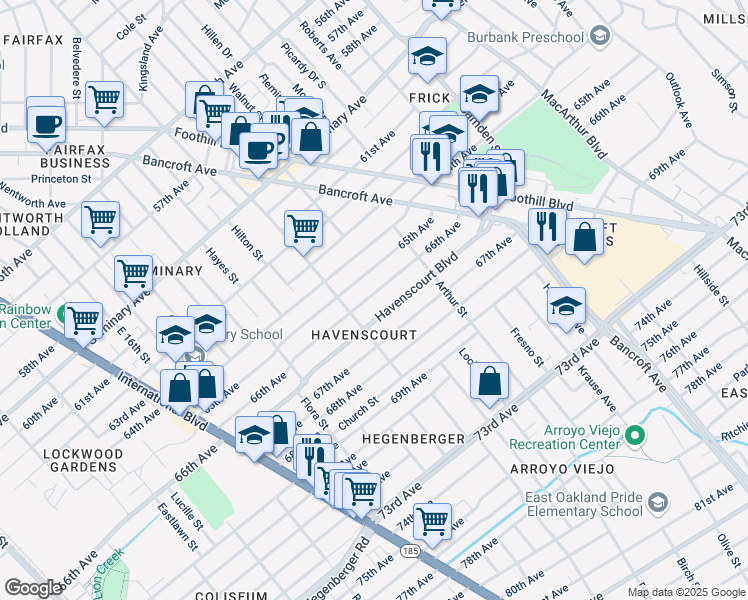 map of restaurants, bars, coffee shops, grocery stores, and more near 2442 66th Avenue in Oakland