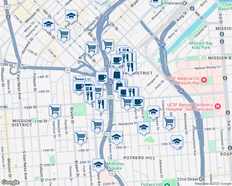 map of restaurants, bars, coffee shops, grocery stores, and more near 200 Kansas Street in San Francisco