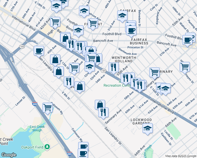 map of restaurants, bars, coffee shops, grocery stores, and more near 1321 54th Avenue in Oakland